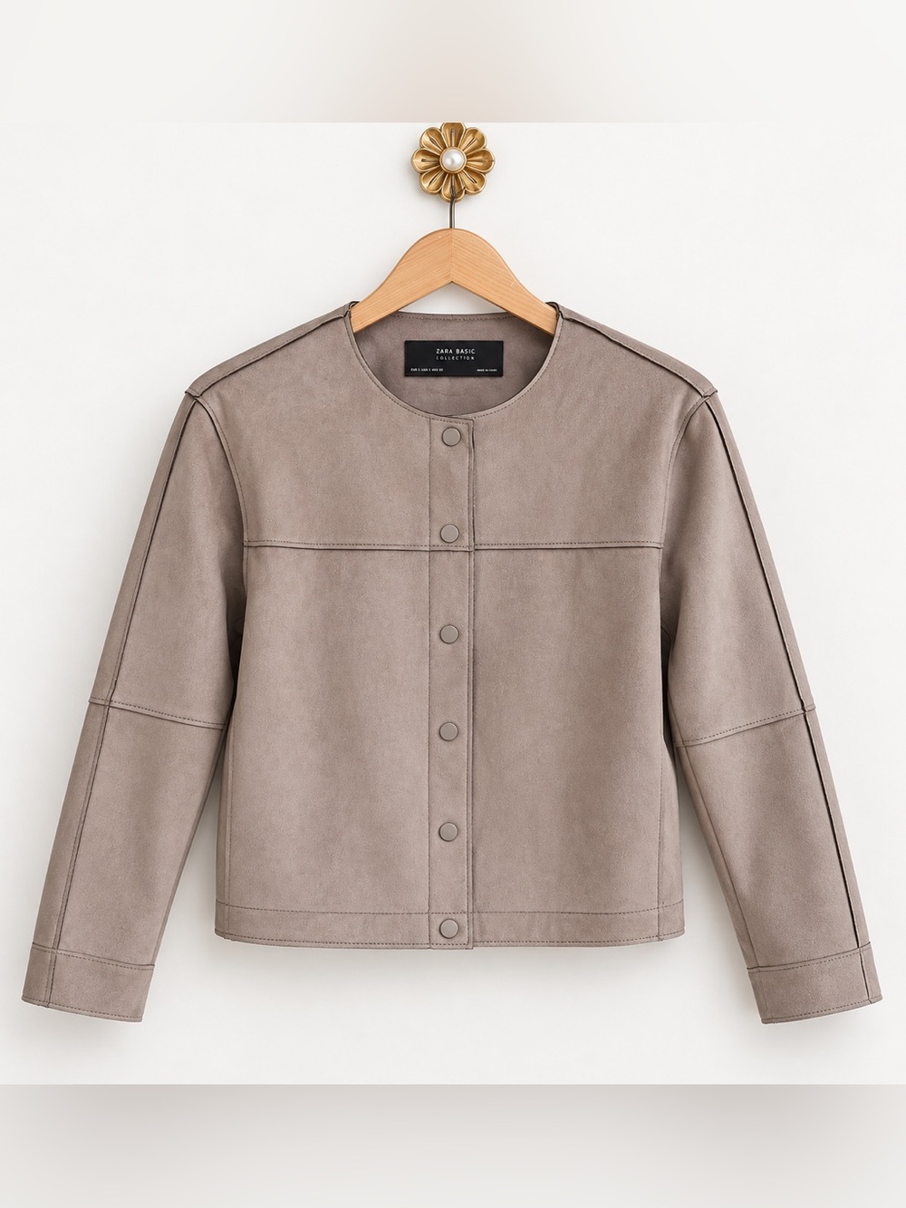 Zara Taupe Faux-Suede Collarless Snap-Front Jacket